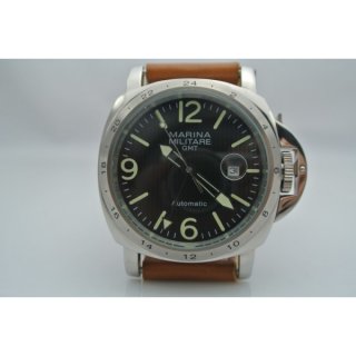Parnis Marina Militare 44mm GMT SeaGull Auto Watch Brown Leather Strap Date Luminous