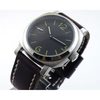 Parnis 44mm 6497 Manual Wind Watch 1950 Style Black Dial Bow Glass Luminous