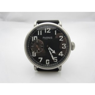 Parnis 46mm Titanium Watch Mechanical 6497 Manual Winding Rubber Strap Black Dial