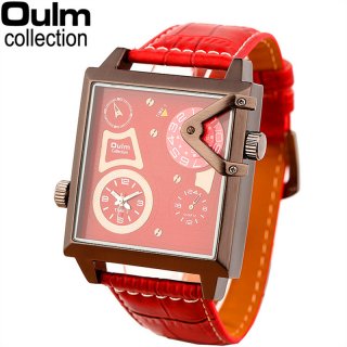Oulm Large Dial Square Dual Movement Leather Strap Men's Quartz Watch 3577