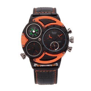 OULM Leather Band Quartz Compass 2 Time Zone Men's Sport Watches 3594