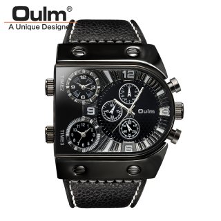 Oulm Leather Strap Quartz-Watch 3 Time Show Men Sports Watches 9315
