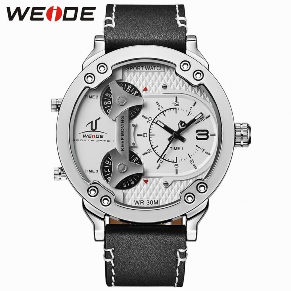 WEIDE Brand Men Sport Watches Quartz Genuine Leather Strap Multiple Time Zone Male Wristwatches