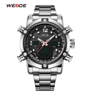 WEIDE Sport Watch Luxury Brand Dual Time Zone Alarm Steel Strap Quartz Men Wristwatch