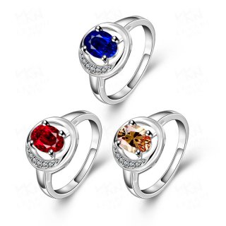 High Quality Silver Plated with AAA+ Cubic Zirconia Blue/Red/Golden Stone Rings SPR049