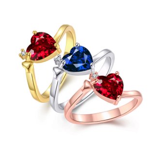 Heart Ring Gold Plated Inlaid Cubic Blue Red Zircon Jewelry Women Wedding Party Ring