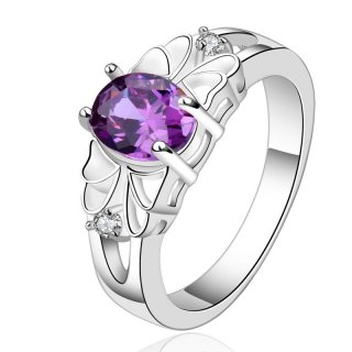 Oval Purple Zircon Simple Ring Round Ring Career Silver Plated & Zirconia Gift for Women