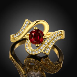 Ruby Wedding Rings Trendy Yellow/Rose Gold Plated Unique Geometric Inlaid Cubic Zirconia & Red Crystal Ring Jewellery for Women