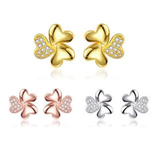 Delicate Cubic Zirconia Heart Clover Stud Earrings for Women/Girls Yellow/Rose/White Gold Plated Studs Jewelry