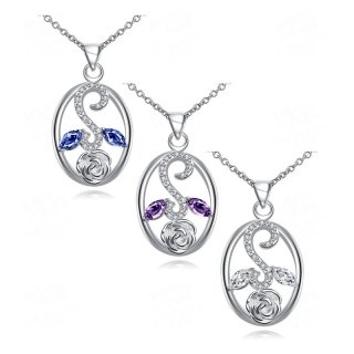 New Fashion Hollow Elegant Rose Flower Round Zircon Pendant Necklaces Silver Plated for Fashion Lady