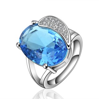 Creative Jewelry Platinum Plated Inlaid Zirconia & Blue Crystal Moon&Oval Charm Wedding Rings for Fashion Lady