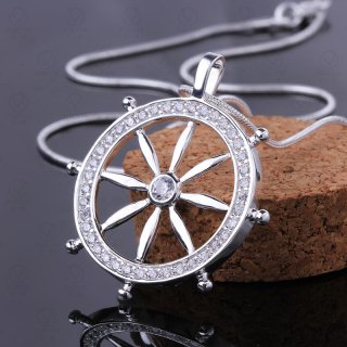 Fashion Round Anchor Inlaid Cubic Zirconia Pendant Silver-Plated Chain Necklace Jewelry for Women Party