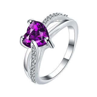 Hot Sale Silver Plated Elegant Heart Shaped Purple/White Cubic Zirconia Inlaid Rings Jewelry for Women