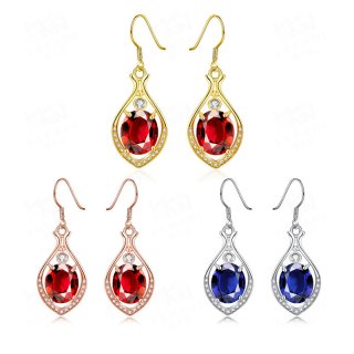 Gold Plated Water Drop Shaped Red/Blue Crystal Earrings for Women