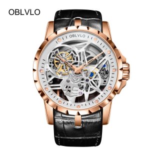 OBLVLO Rose Gold Mens Tourbillon Skeleton Watches Watches Leather Transparent Automatic Watch OBL3603RSBW