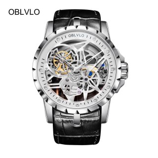 OBLVLO Mens Steel Tourbillon Skeleton Designer Fashion Watch Leather Transparent Automatic Watch OBL3603SSBW