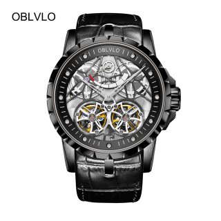 OBLVLO Fashion Tourbillon Watches Transparent Skeleton Leather Strap Automatic Watch For Men OBL3609BSBB