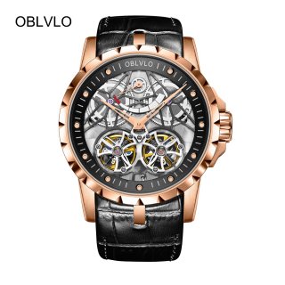 OBLVLO Fashion Tourbillon Watches Transparent Skeleton Leather Strap Automatic Watch For Men OBL3609RSBB
