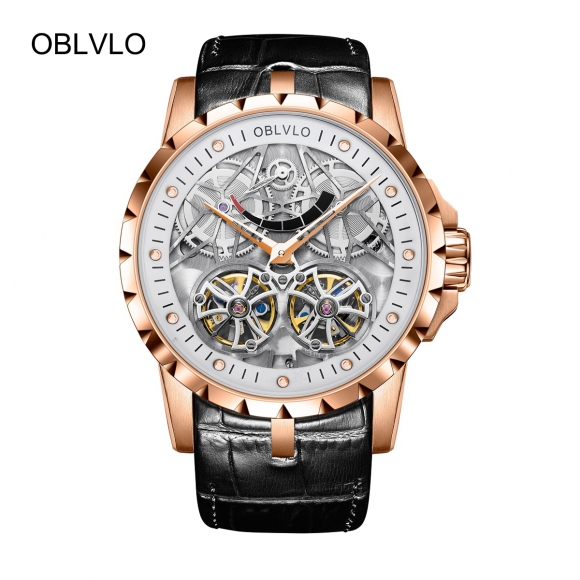 OBLVLO Luxury Men's Tourbillon Watches Transparent Skeleton Leather Strap Automatic Watch OBL3609RSBW