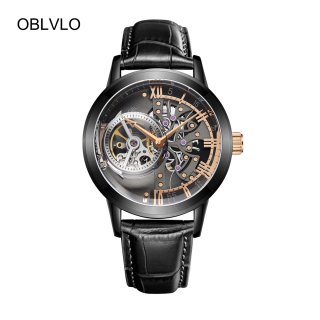 OBLVLO Skeleton Mens Watches Black Steel Automatic Watches Leather Strap Tourbillon Watch OBL8238-BBBG