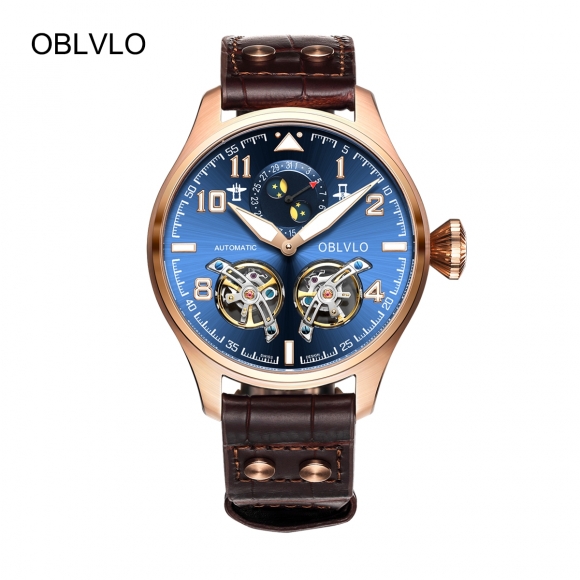 OBLVLO Mens Luxury Watches Rose Gold Automatic Watches Tourbillon Leather Strap Watch OBL8232-PLS
