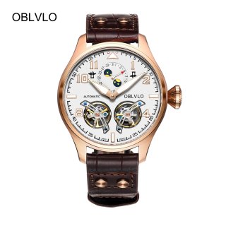 OBLVLO Mens Luxury Watches Rose Gold Date Automatic Watches Tourbillon Leather Strap Watch OBL8232-PWS