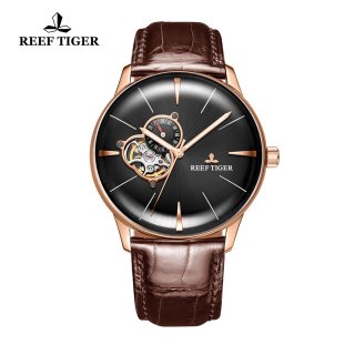 Reef Tiger Classic Glory Automatic Watch Black Dial Calfskin Leather Strap RGA8239-PBB