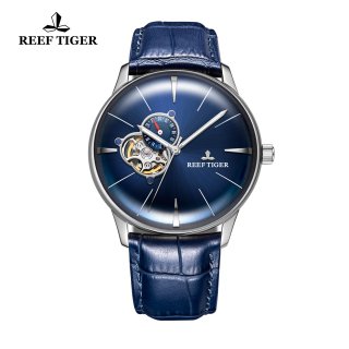 Reef Tiger Classic Glory Men's Blue Dial Automatic Watch Calfskin Leather Strap RGA8239-YLL