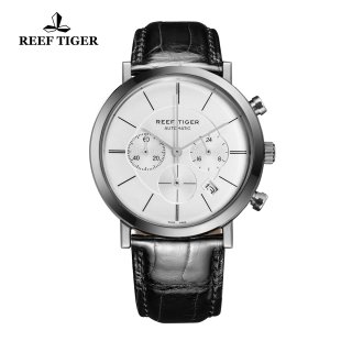 Reef Tiger Business Watch Ultra Thin Stainless Steel White Dial Chronograph Quartz Watch RGA162-YWB