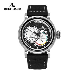 Reef Tiger Pilot Fashion Mens Watches Steel Case Black Dial Leather Strap Watches RGA3019-YBB