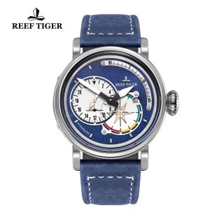 Reef Tiger Pilot Fashion Mens Watches Steel Case Blue Dial Leather Strap Watches RGA3019-YLL