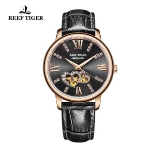 Reef Tiger Fashion Lady Watch Black Dial Automatic Rose Gold Watch RGA1580-PBB