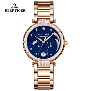 Reef Tiger Love Luxury Lady Watch Rose Gold Blue Dial Automatic Watch RGA1592-PLP