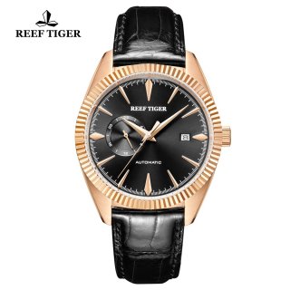 Reef Tiger Seattle Orion Fashion Rose Gold Leather Strap Black Dial Automatic Watch RGA1616-PBB