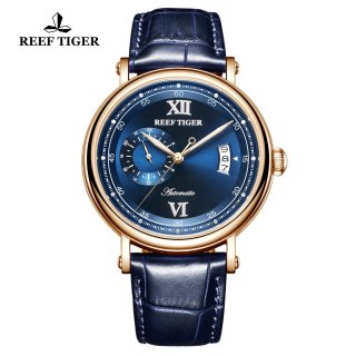 Reef Tiger Seattle Sander Mens Fashion Rose Gold Blue Dial Leather Strap Automatic Watch RGA1617-2-PLL