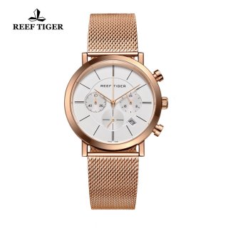 Reef Tiger Business Watch Ultra Thin Rose Gold White Dial Chronograph Quartz Watch RGA162-PWP