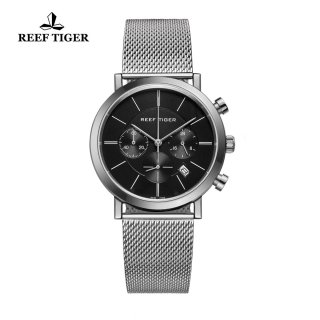 Reef Tiger Business Watch Ultra Thin Stainless Steel Black Dial Chronograph Quartz Watch RGA162-YBY