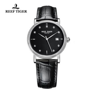 Reef Tiger Dress Watch Steel Case Black Dial Leather Strap Automatic Watch RGA163-YBBD