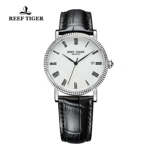 Reef Tiger Dress Watch Steel Case White Dial Leather Strap Automatic Watch RGA163-YWB