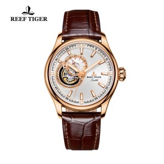 Reef Tiger Seattle Sea Hawk Dress Automatic Watch Rose Gold White Dial Brown Leather Strap RGA1639-PWB