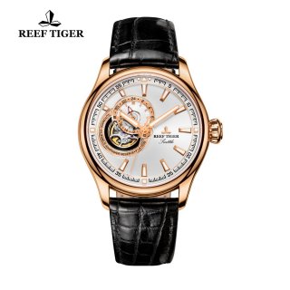 Reef Tiger Seattle Sea Hawk Dress Automatic Watch Rose Gold White Dial Black Leather Strap RGA1639-PWBS