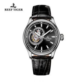 Reef Tiger Seattle Sea Hawk Dress Automatic Watch Steel Black Dial Black Leather Strap RGA1639-YBB