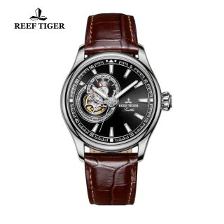 Reef Tiger Seattle Sea Hawk Dress Automatic Watch Steel Black Dial Brown Leather Strap RGA1639-YBBS