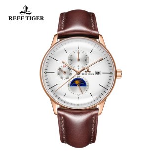 Reef Tiger Seattle Philosopher Rose Gold White Dial Leather Strap Automatic Watches with Date Day RGA1653-PWSH