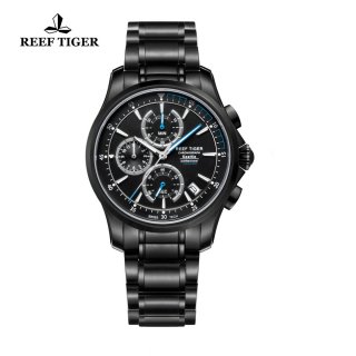 Reef Tiger Sports Watch Black DLC Black Dial DLC Bracelet Chronograph Watch RGA1663-BBBL