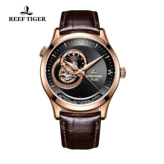 Reef Tiger Seattle Sailing Rose Gold Dress Automatic Watch Black Dial Brown Leather Strap RGA1693-PBS