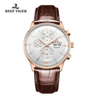 Reef Tiger Seattle Chief Fashion Rose Gold White Dial Leather Strap Automatic Watch RGA1699-PWS