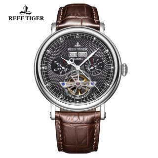 Reef Tiger Artist Limner Mens Fashion Steel Black Dial Leather Strap Automatic Watch RGA1903-YBS