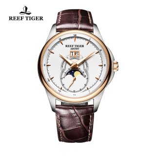 Reef Tiger Knighthood Casual Watch with Dual Calendar White Dial Calfskin Leather RGA1928-PWB