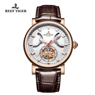 Reef Tiger Artist Photographer Rose Gold Leather Strap White Dial Tourbillon Automatic Watch RGA1950-PWW